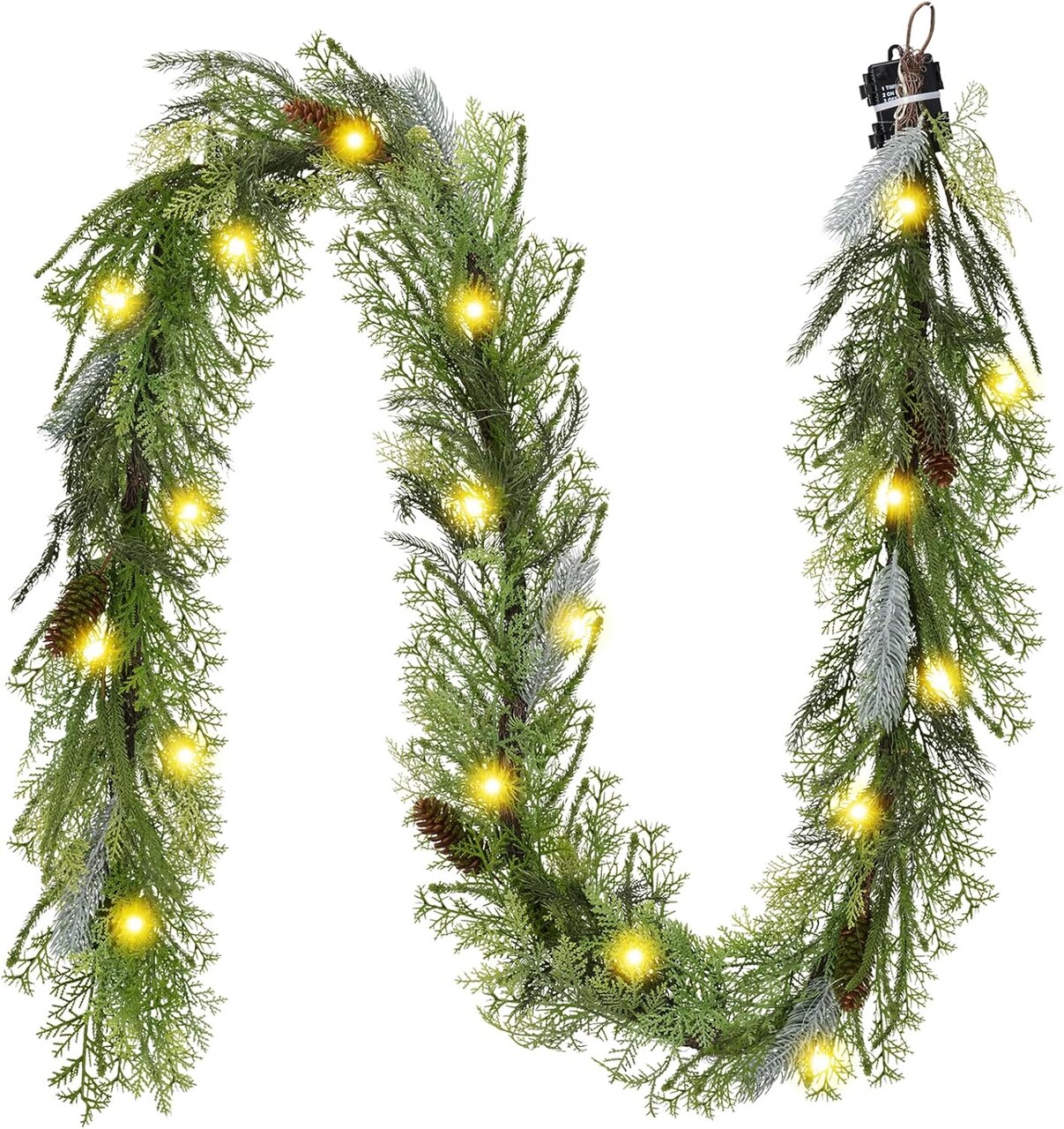 Christmas Garland with Lights, Prelit 9ft Lighted Norfolk Pine Garland, Battery Operated Greenery Garland Christmas Decorations for Mantle and Stairs, Home Decor Indoor Outdoor